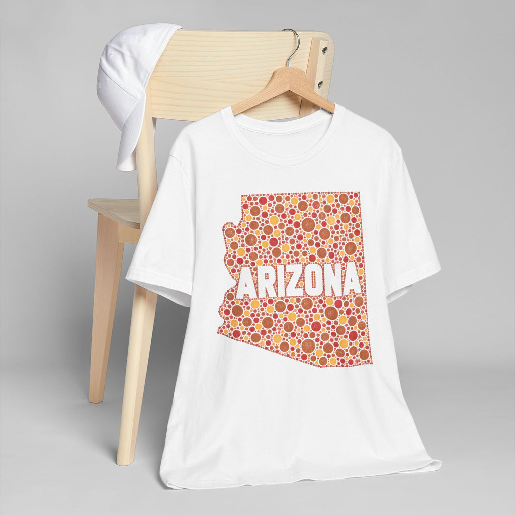 White short-sleeve t-shirt with orange patterned Arizona outline graphic