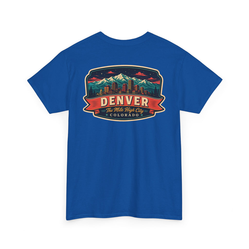 Royal blue T-shirt with Denver city badge graphic on chest