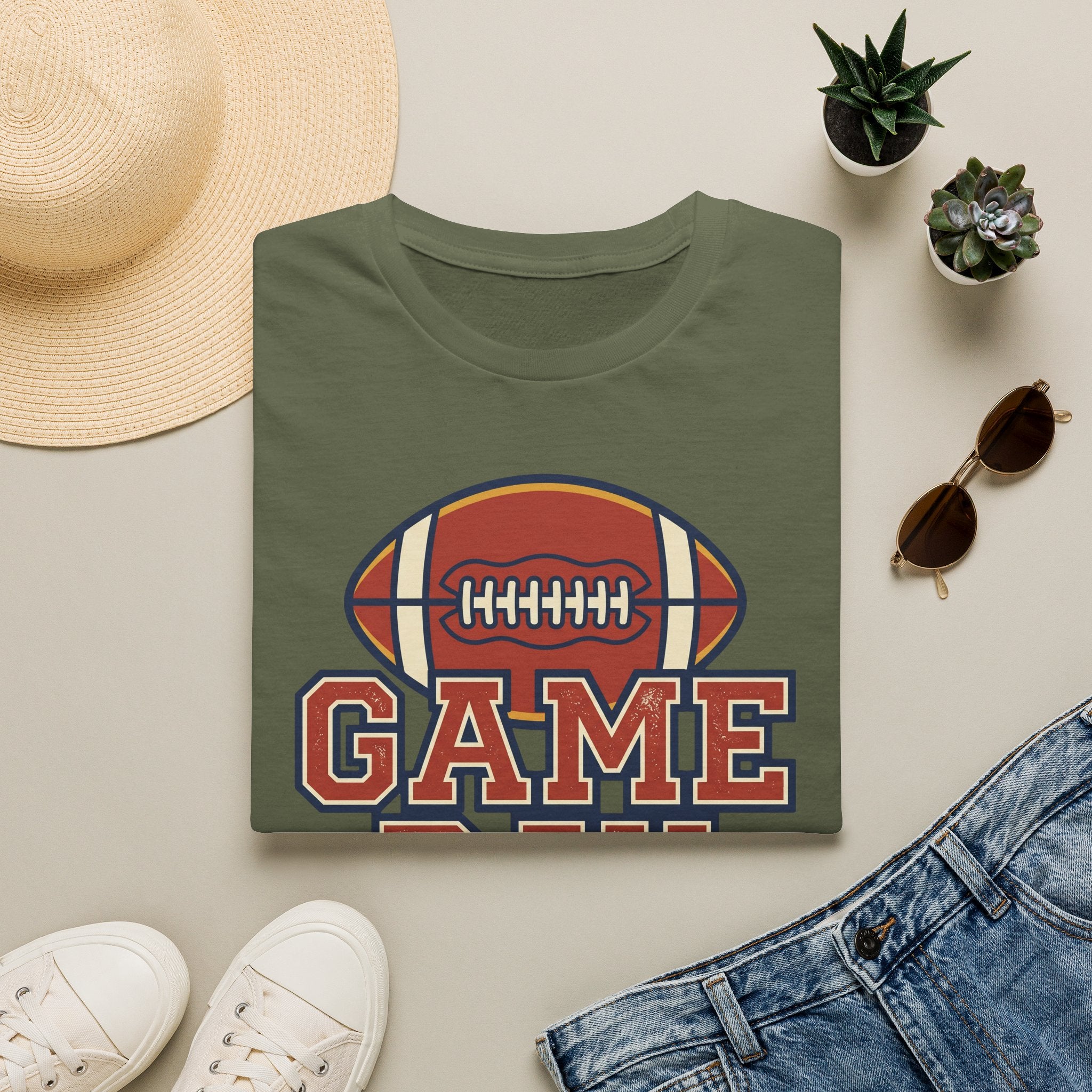 Olive green football t-shirt with “GAME” text and football emblem graphic on center front
