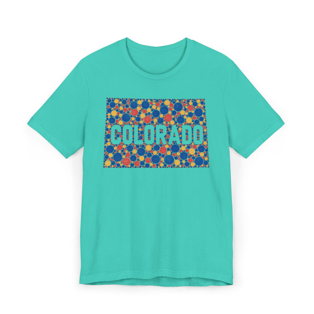 Teal T-shirt with patterned COLORADO graphic on front