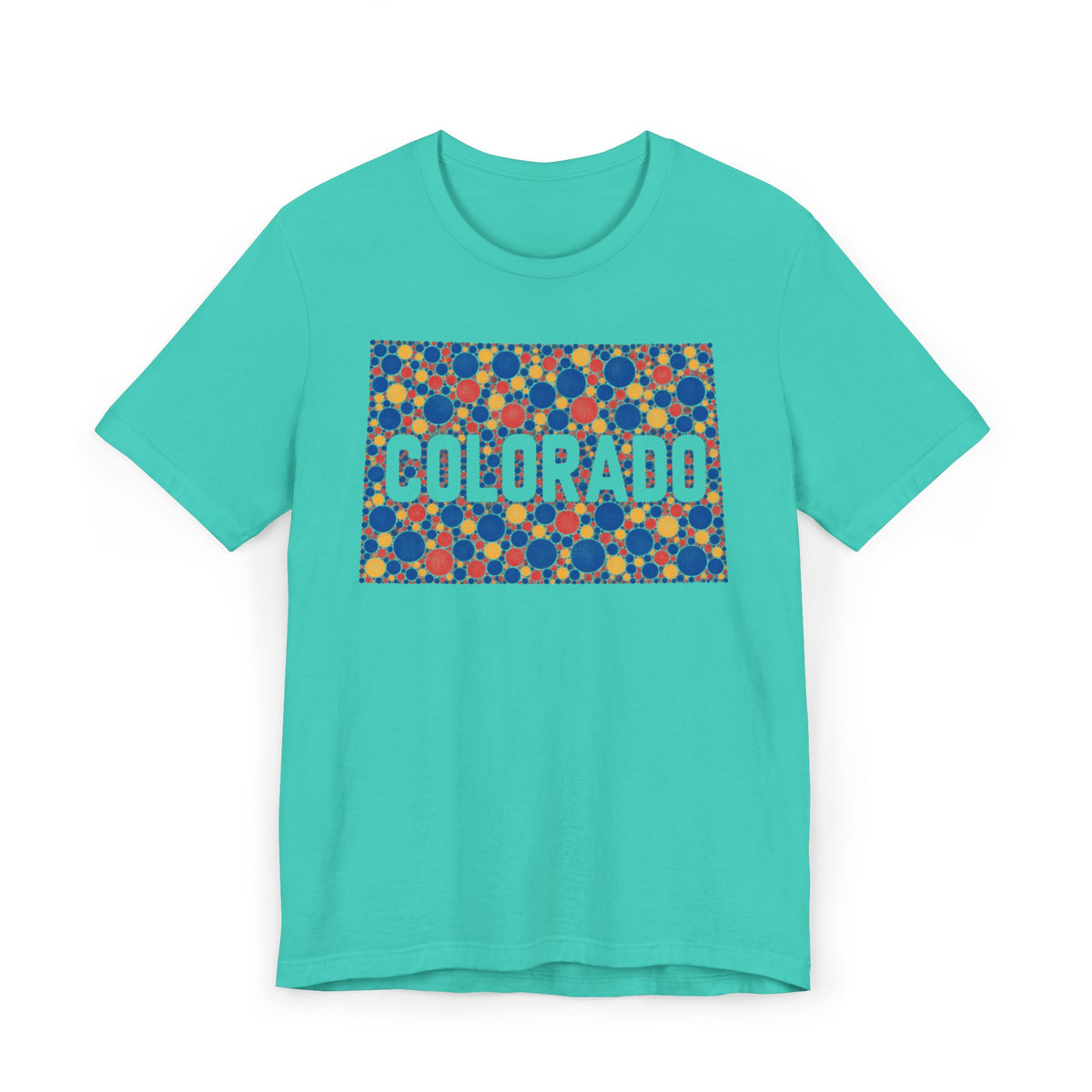 Teal T-shirt with patterned COLORADO graphic on front