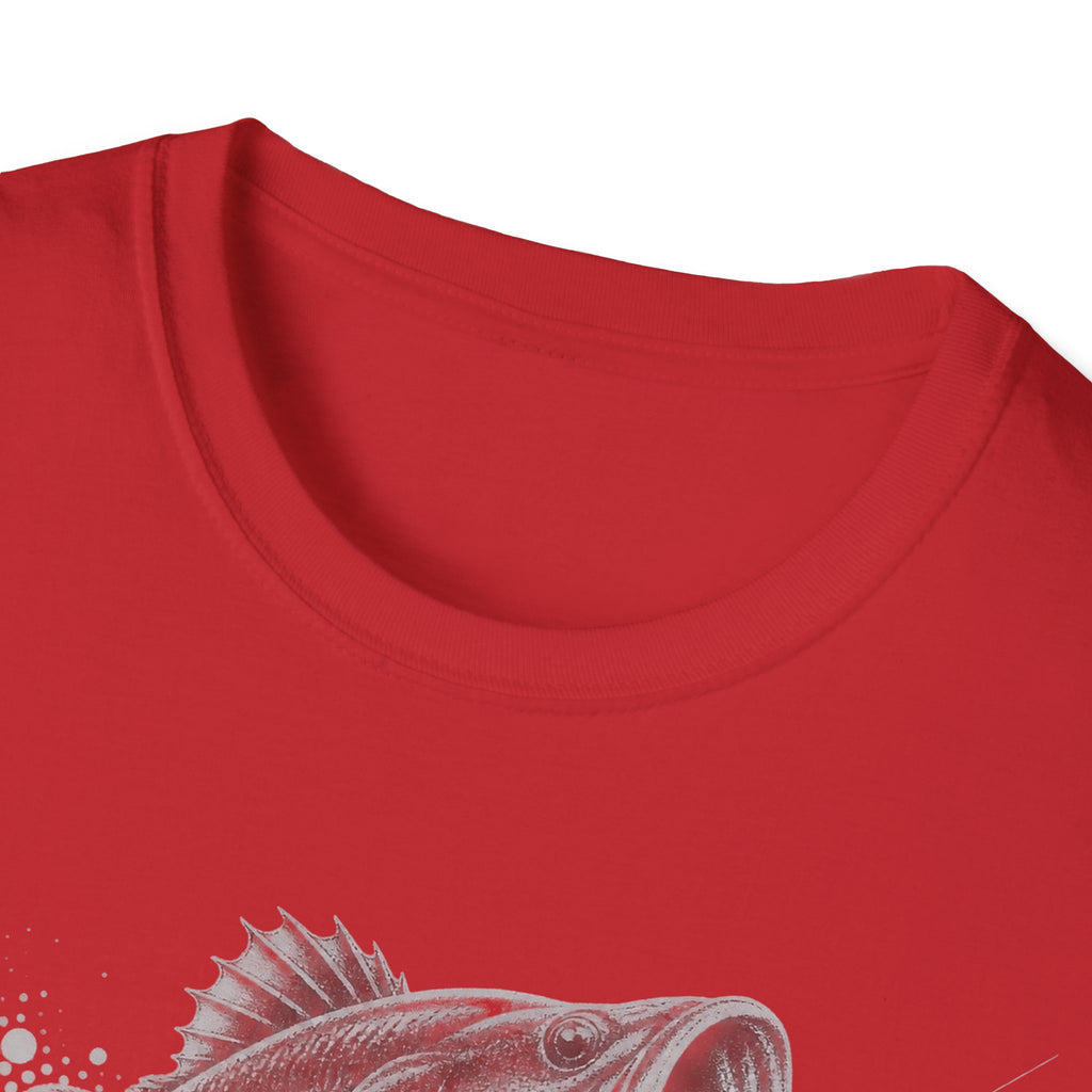 Red crew-neck fishing T-shirt with partial gray bass splash graphic