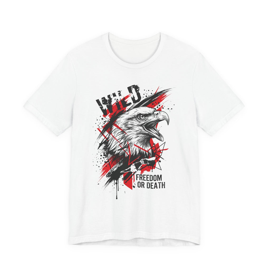 White t-shirt with eagle head graphic and “Freedom or Death” text