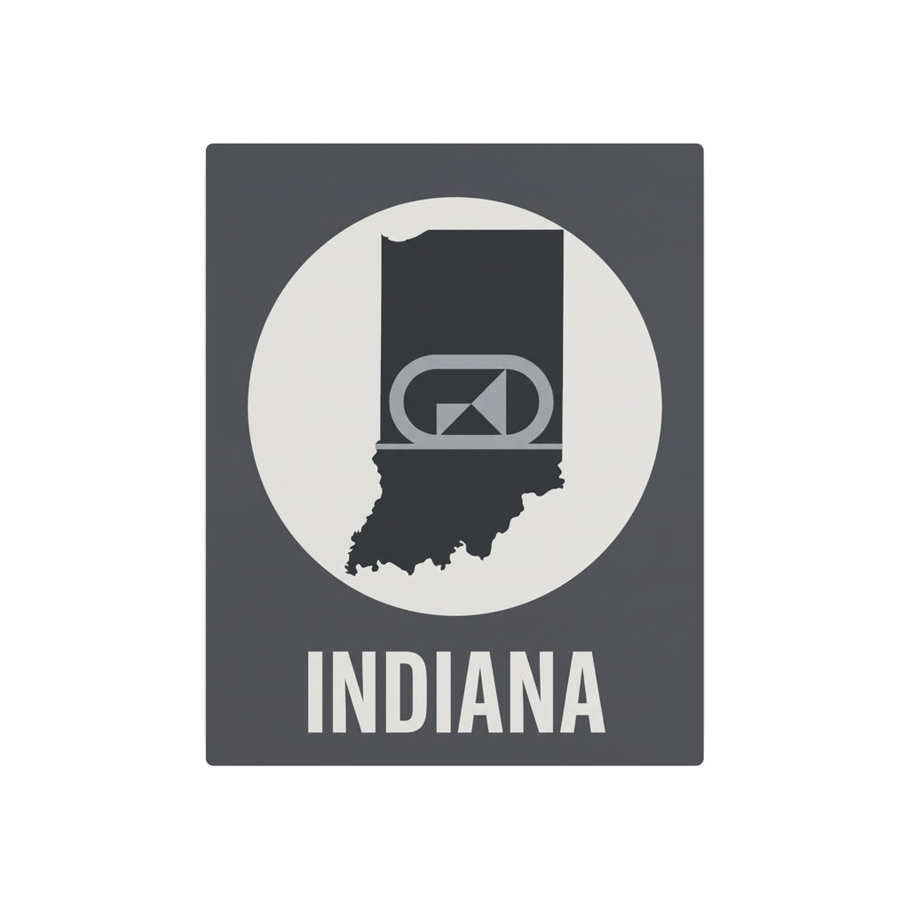 Indiana metal wall art featuring retro camera icon over state silhouette, gray square
