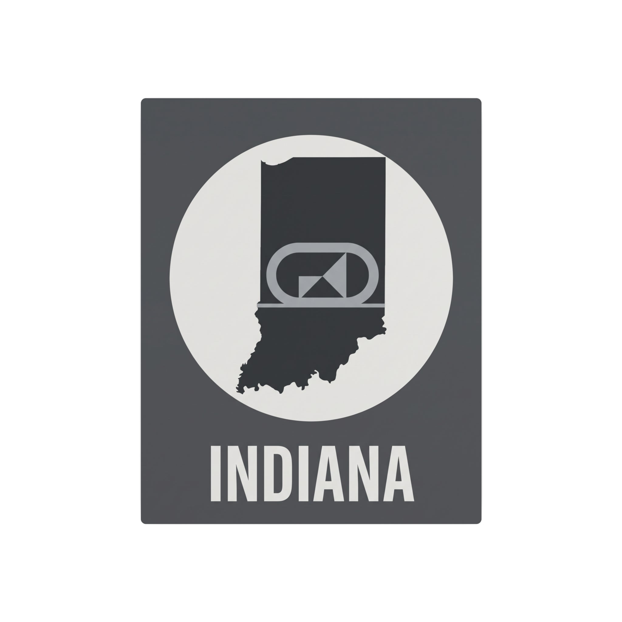 Indiana metal wall art featuring retro camera icon over state silhouette, gray square