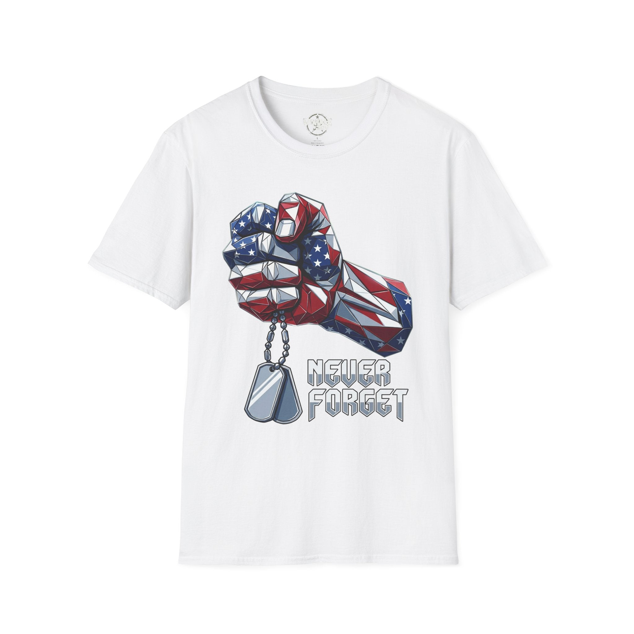 White T-shirt with patriotic fist graphic and dog tags, “Never Forget” text