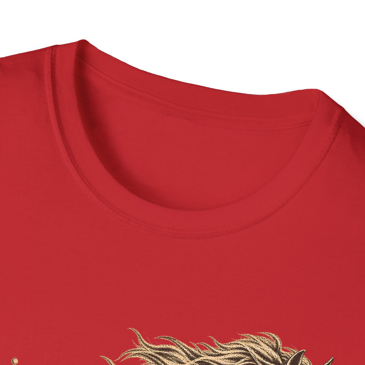 Red crew-neck T-shirt with partial gold running horse graphic