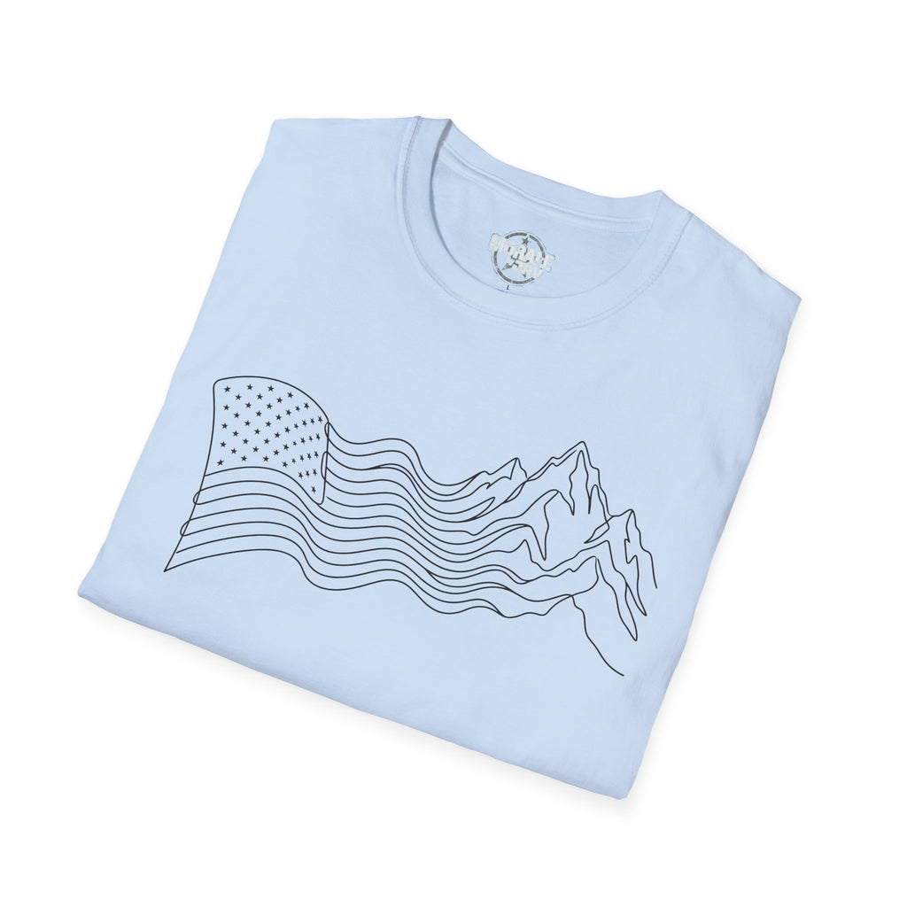 Light blue T-shirt with mountain and wave line art with stars-and-stripes section