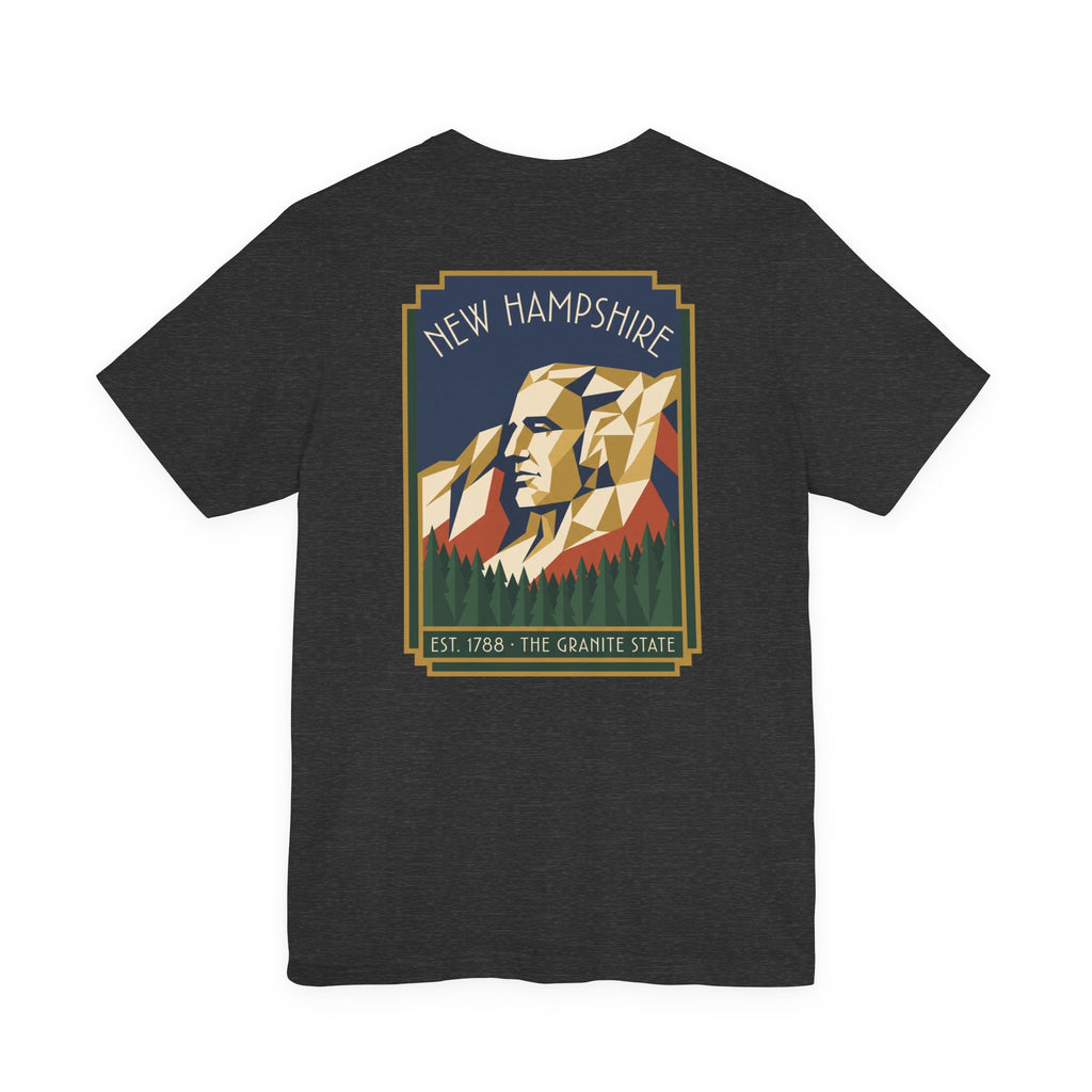 Art deco T-shirt in dark gray with framed New Hampshire mountain graphic