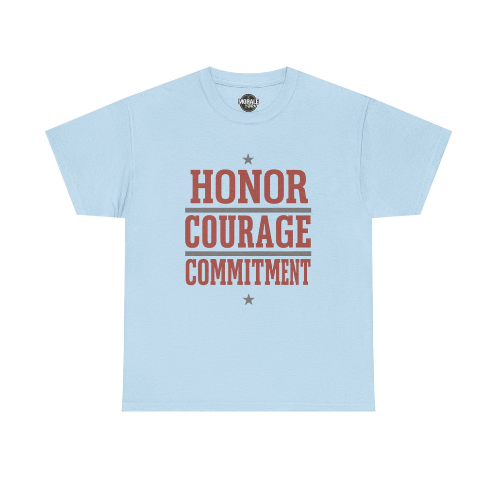 Light blue crew-neck T-shirt with HONOR COURAGE COMMITMENT graphic and stars