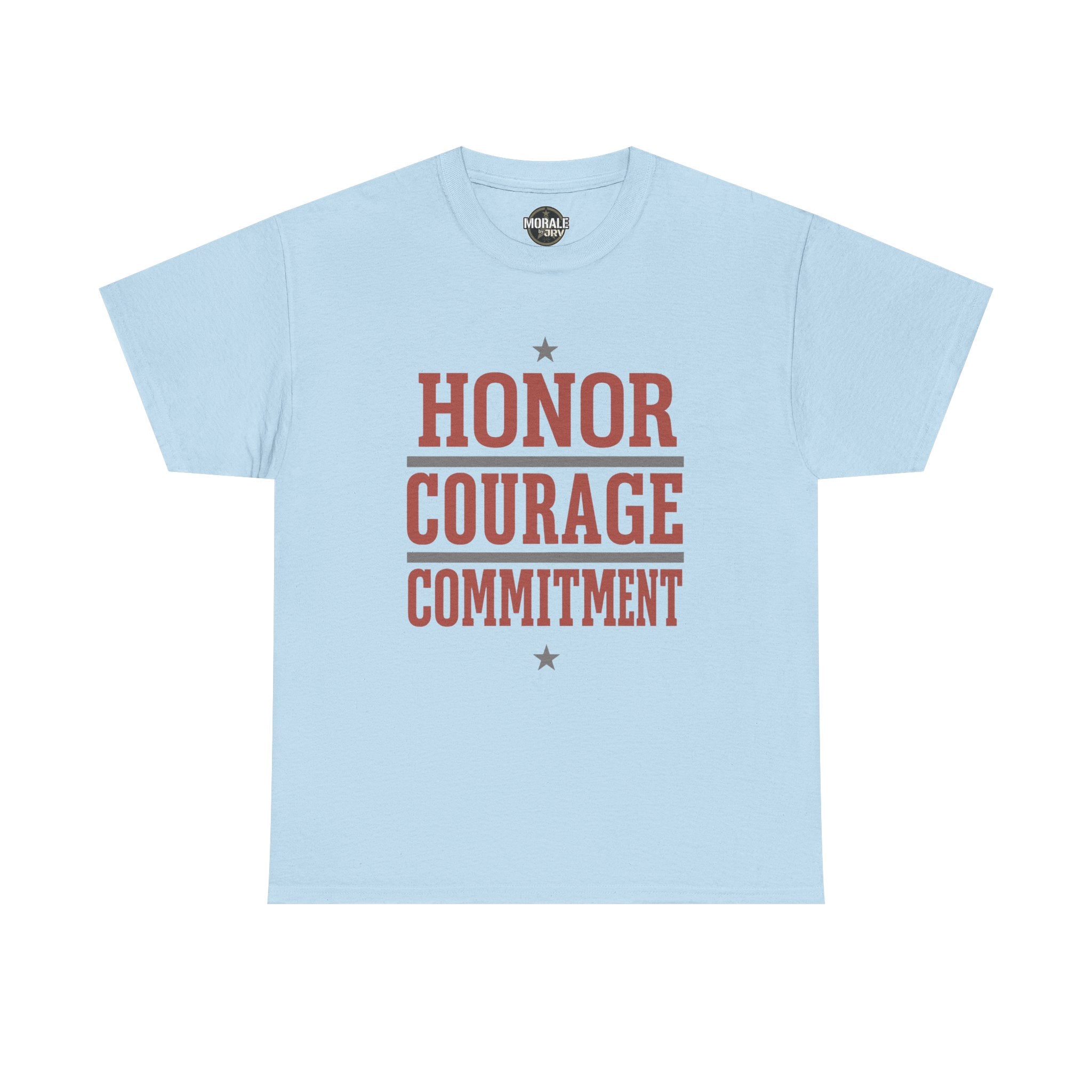 Light blue crew-neck T-shirt with HONOR COURAGE COMMITMENT graphic and stars