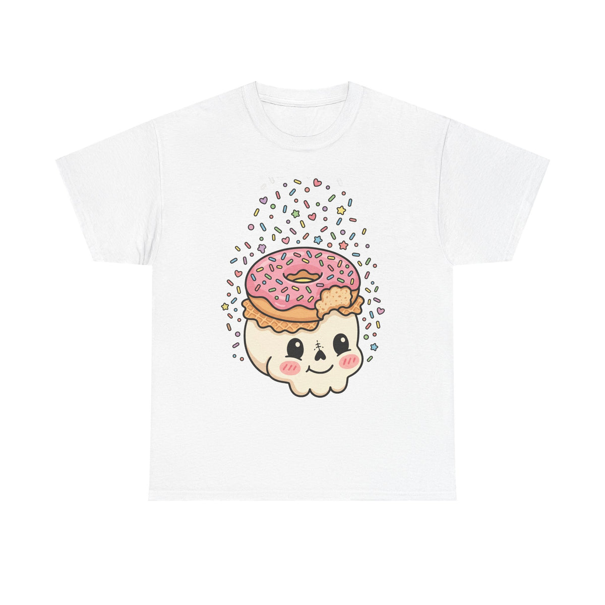 White short-sleeve tee with cute donut skull face graphic and sprinkles.