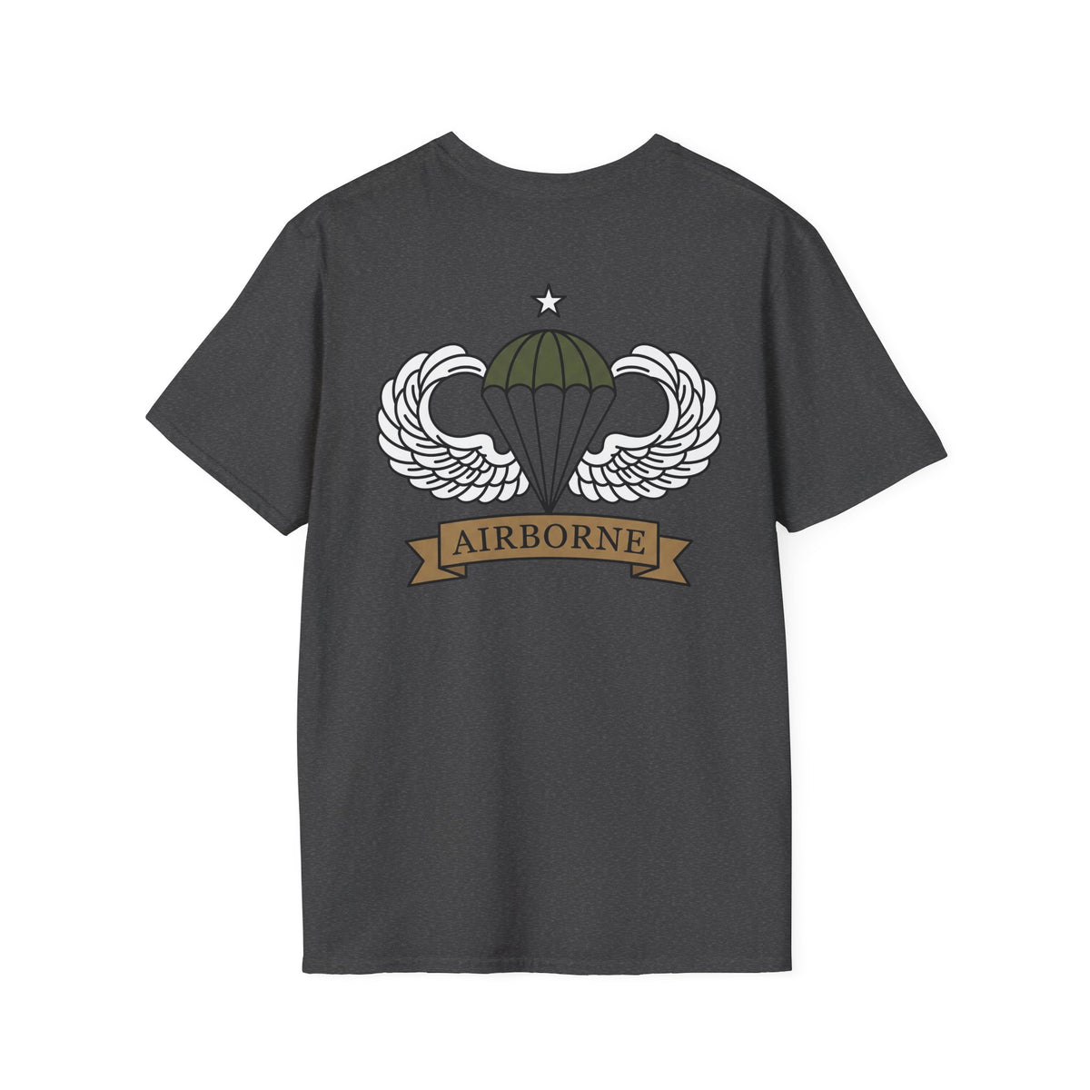 Charcoal Airborne back graphic T-shirt with parachute wings and AIRBORNE ribbon