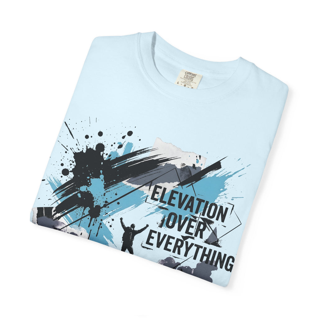 Light blue T-shirt with “ELEVATION OVER EVERYTHING” mountain climber front print