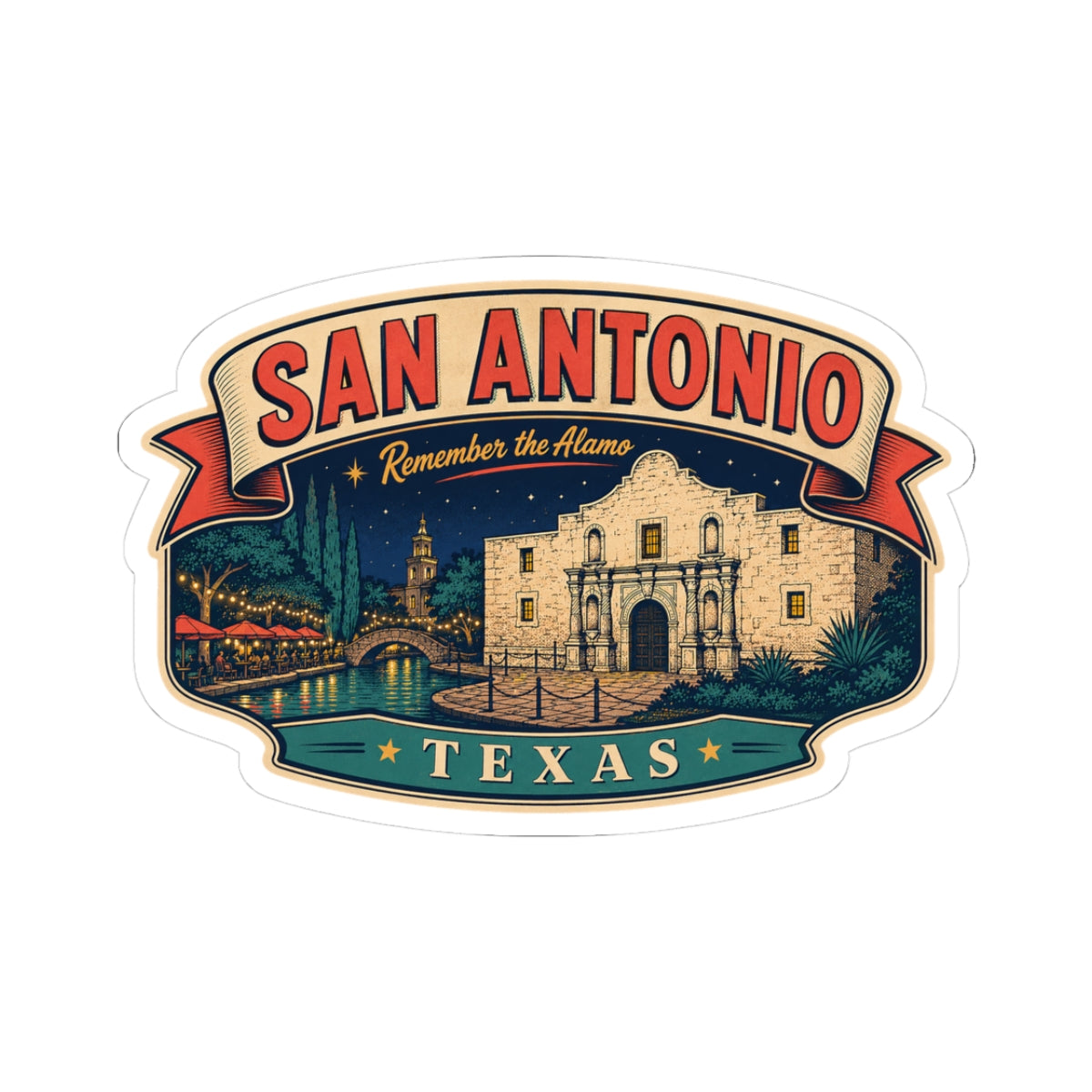 San Antonio luggage tag sticker with red SAN ANTONIO banner and TEXAS ribbon