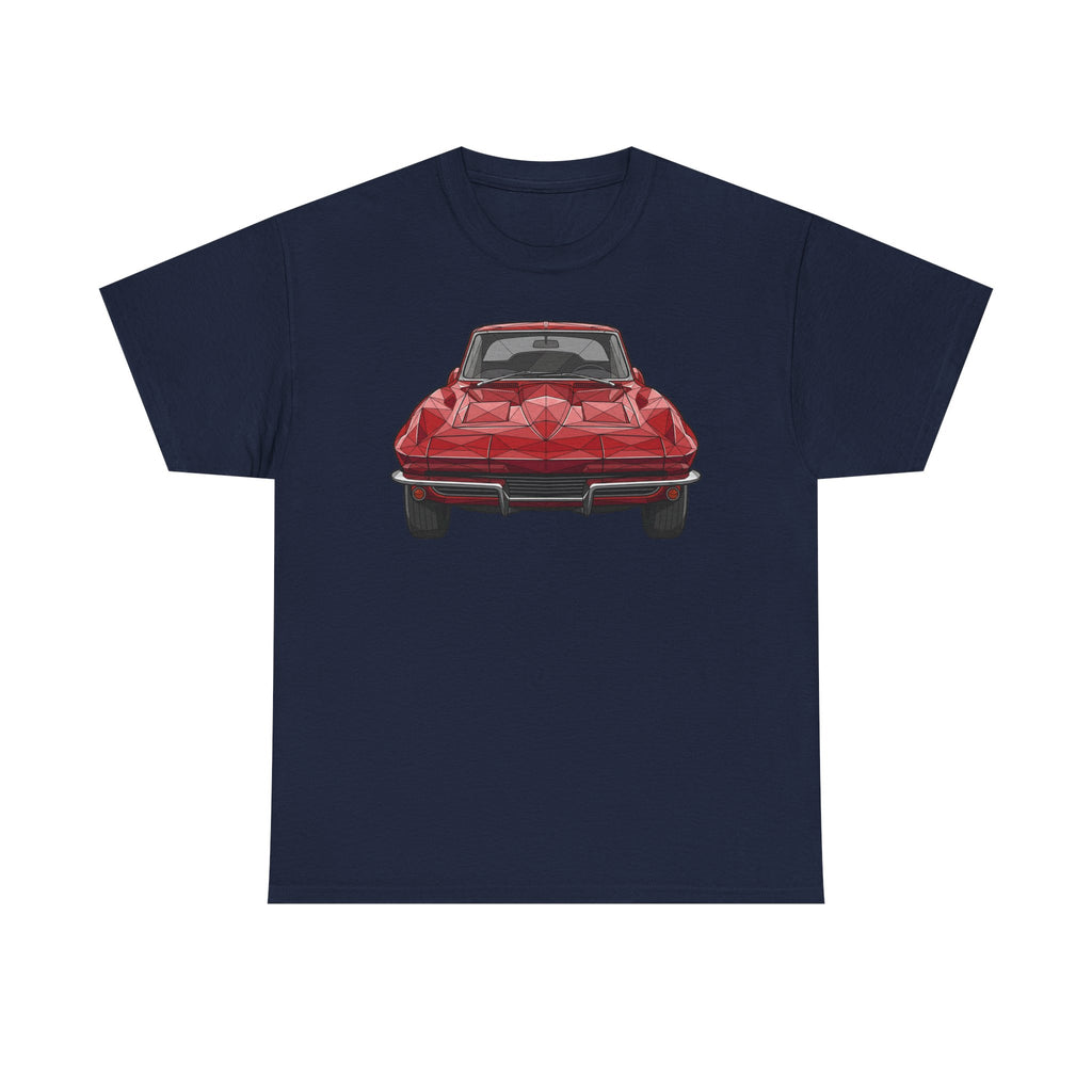 Navy T-shirt with red retro sports coupe graphic on the chest