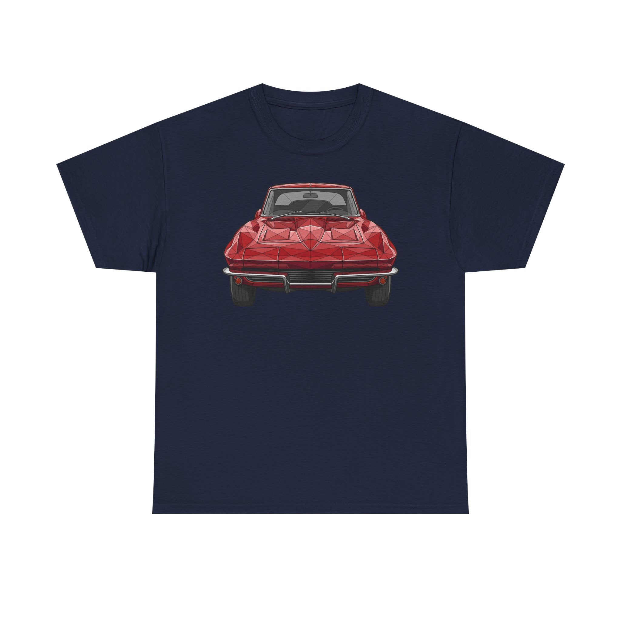 Navy T-shirt with red retro sports coupe graphic on the chest