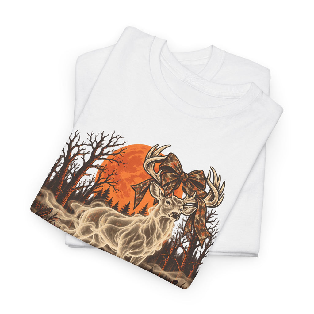 White Halloween T-shirt with orange ghost deer hunting graphic and smoke