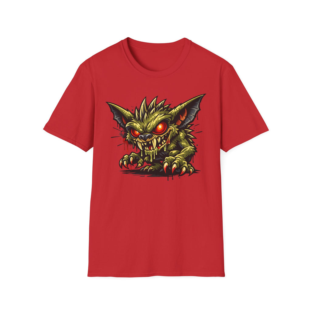 Red crew-neck T-shirt featuring a green and yellow monster face with glowing red eyes.