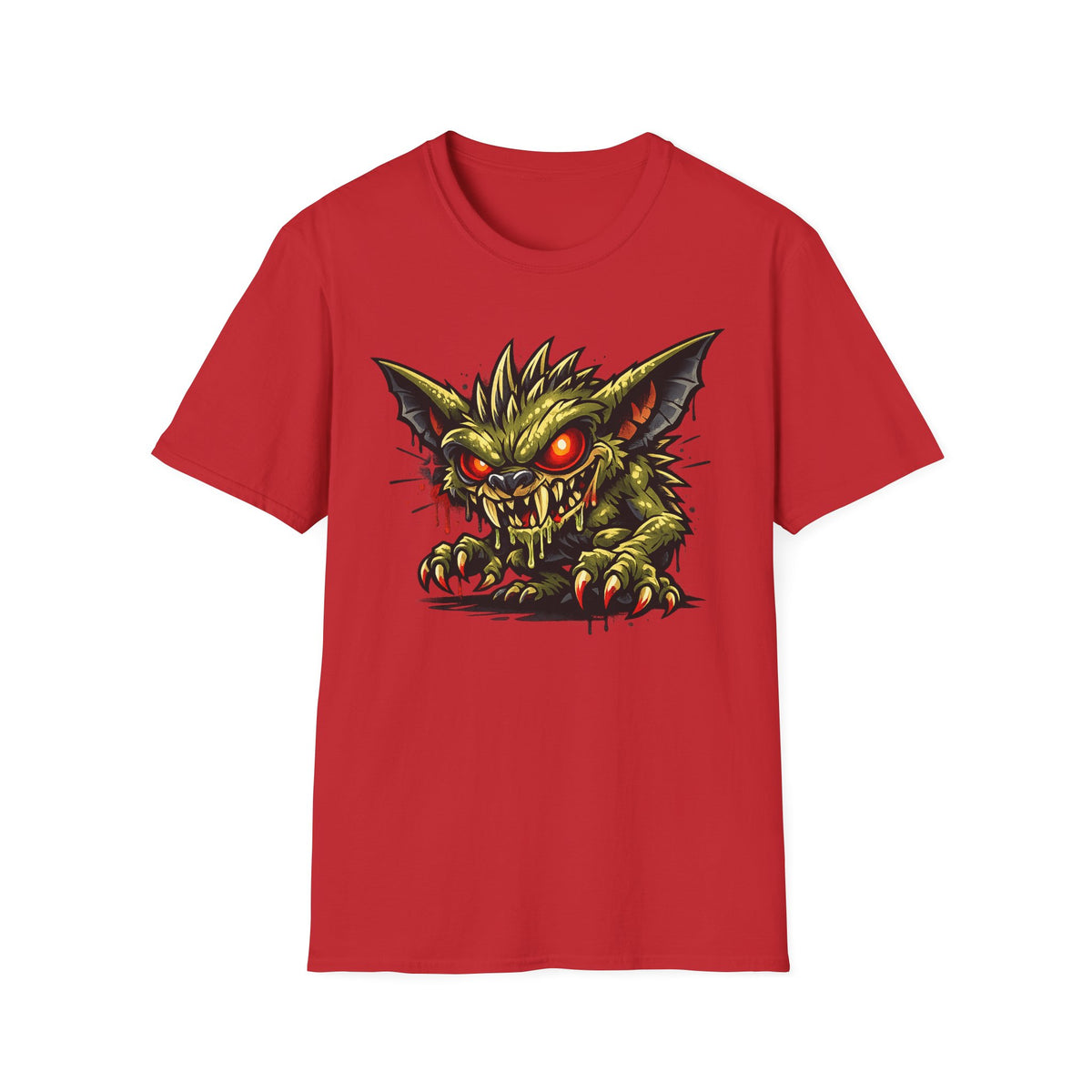 Red crew-neck T-shirt featuring a green and yellow monster face with glowing red eyes.
