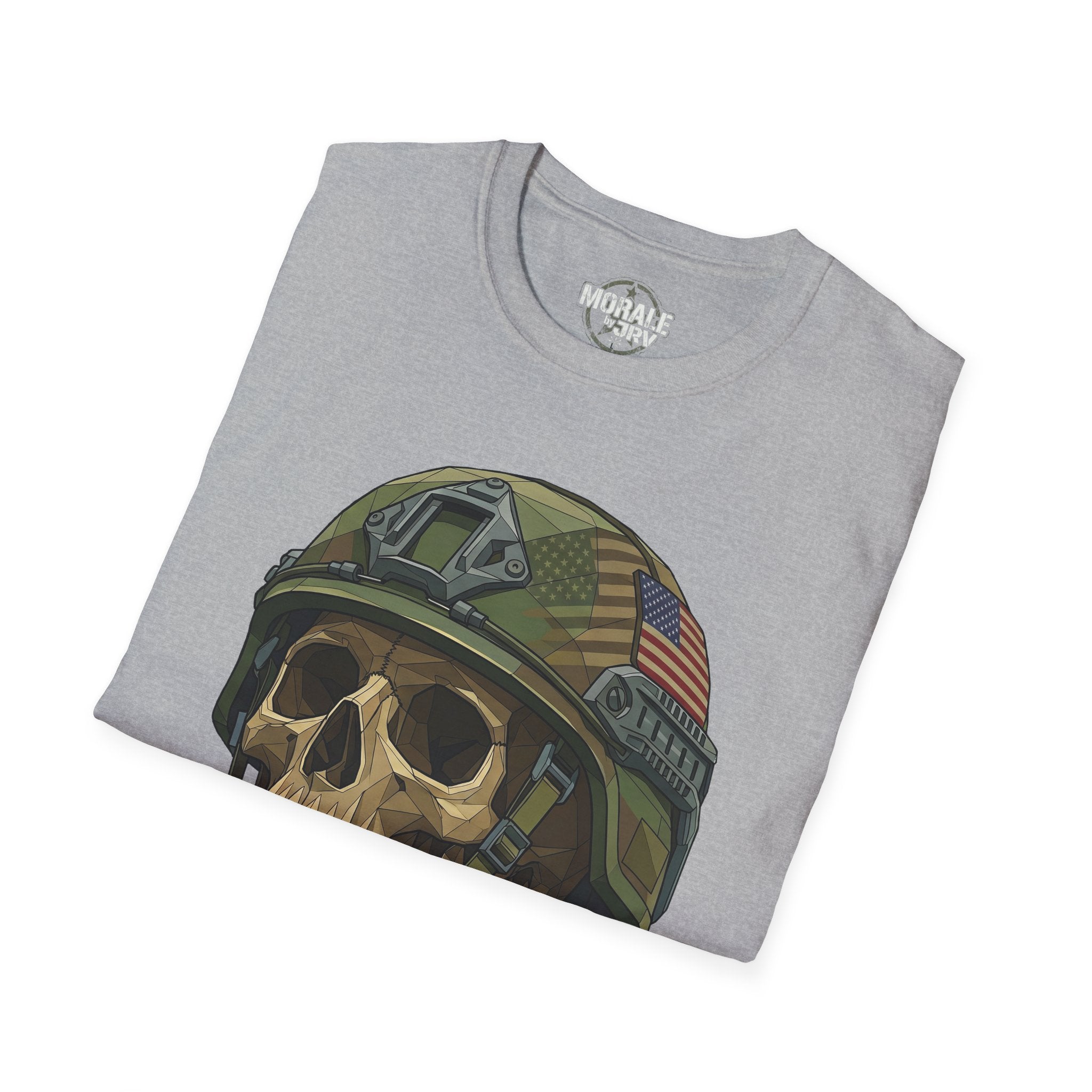 Heather gray T-shirt with skull helmet graphic and US flag patch