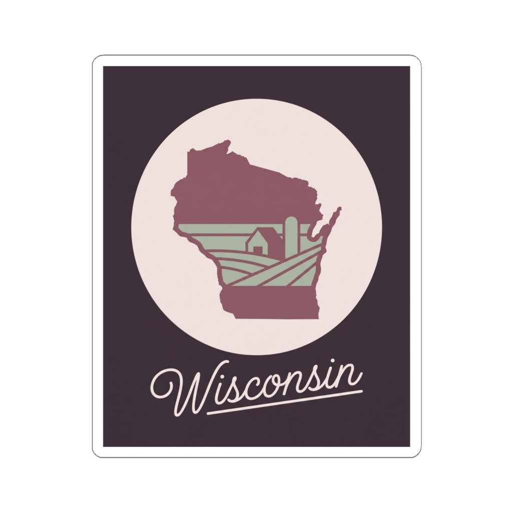 Wisconsin state silhouette sticker featuring maroon map graphic and “Wisconsin” lettering