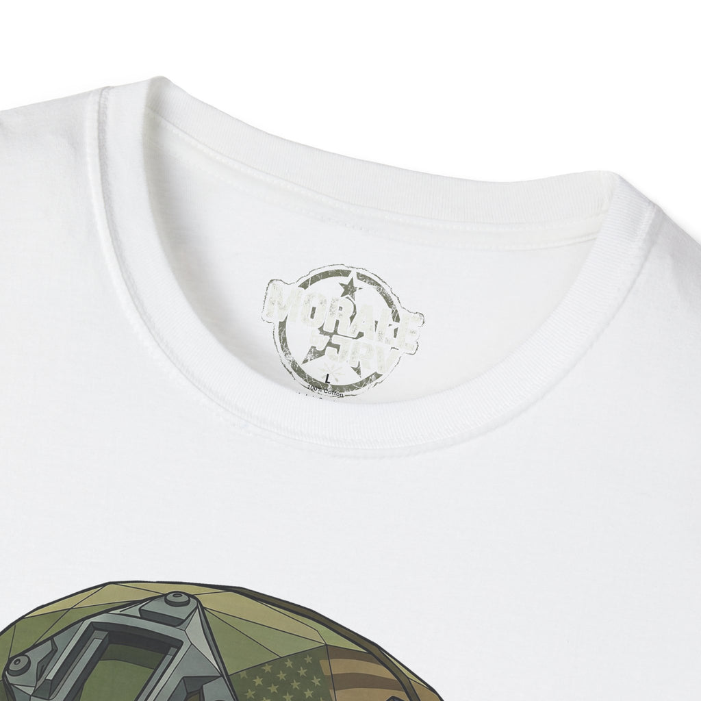 White T-shirt neckline close-up with small circular chest/neck logo