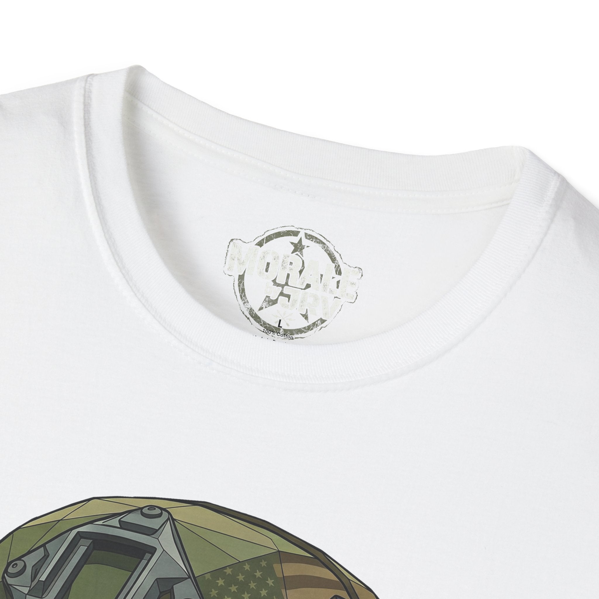 White T-shirt neckline close-up with small circular chest/neck logo