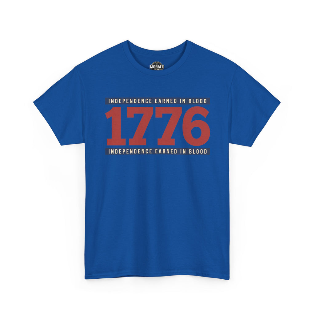 Royal blue graphic T-shirt with 1776 Independence Earned in Blood text front