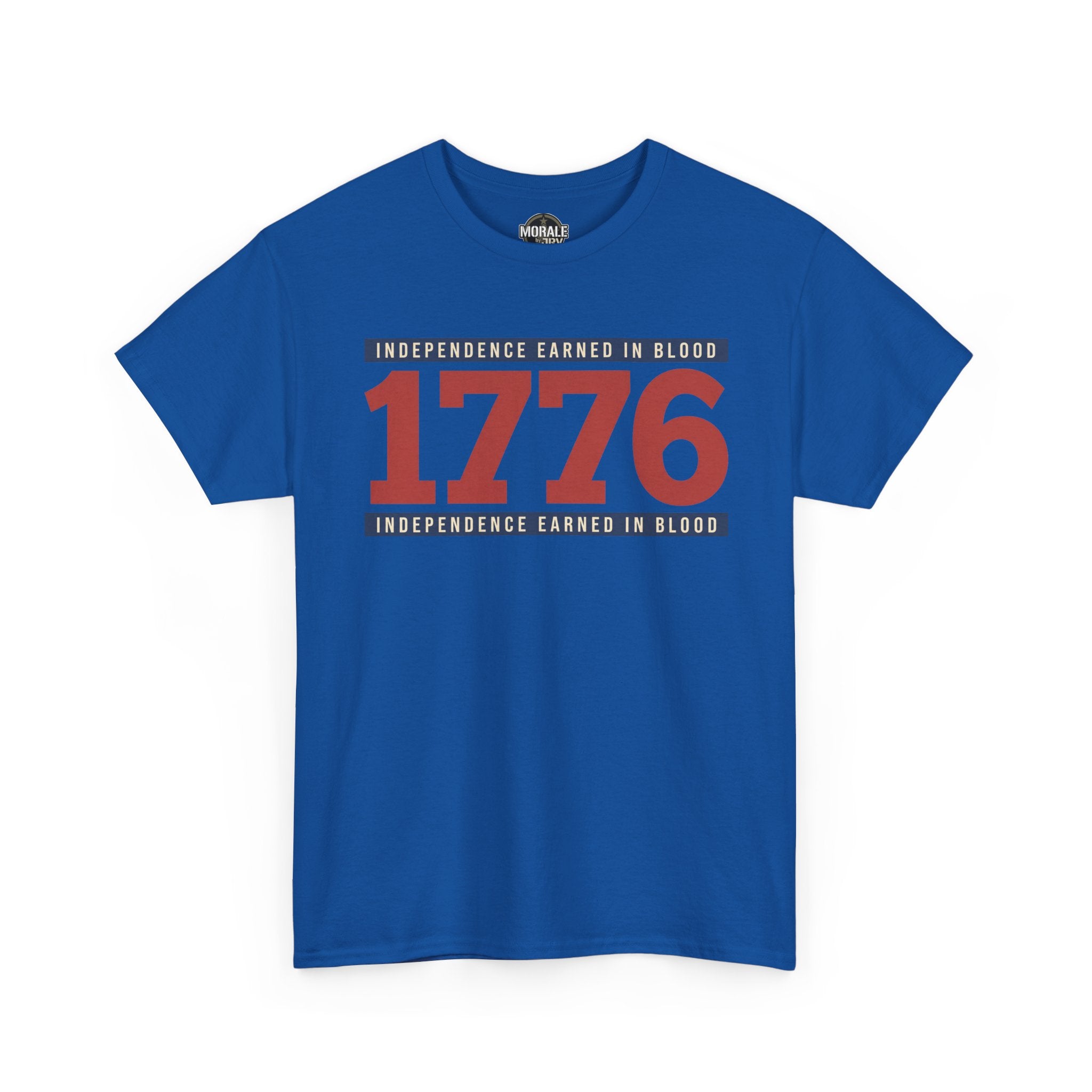 Royal blue graphic T-shirt with 1776 Independence Earned in Blood text front