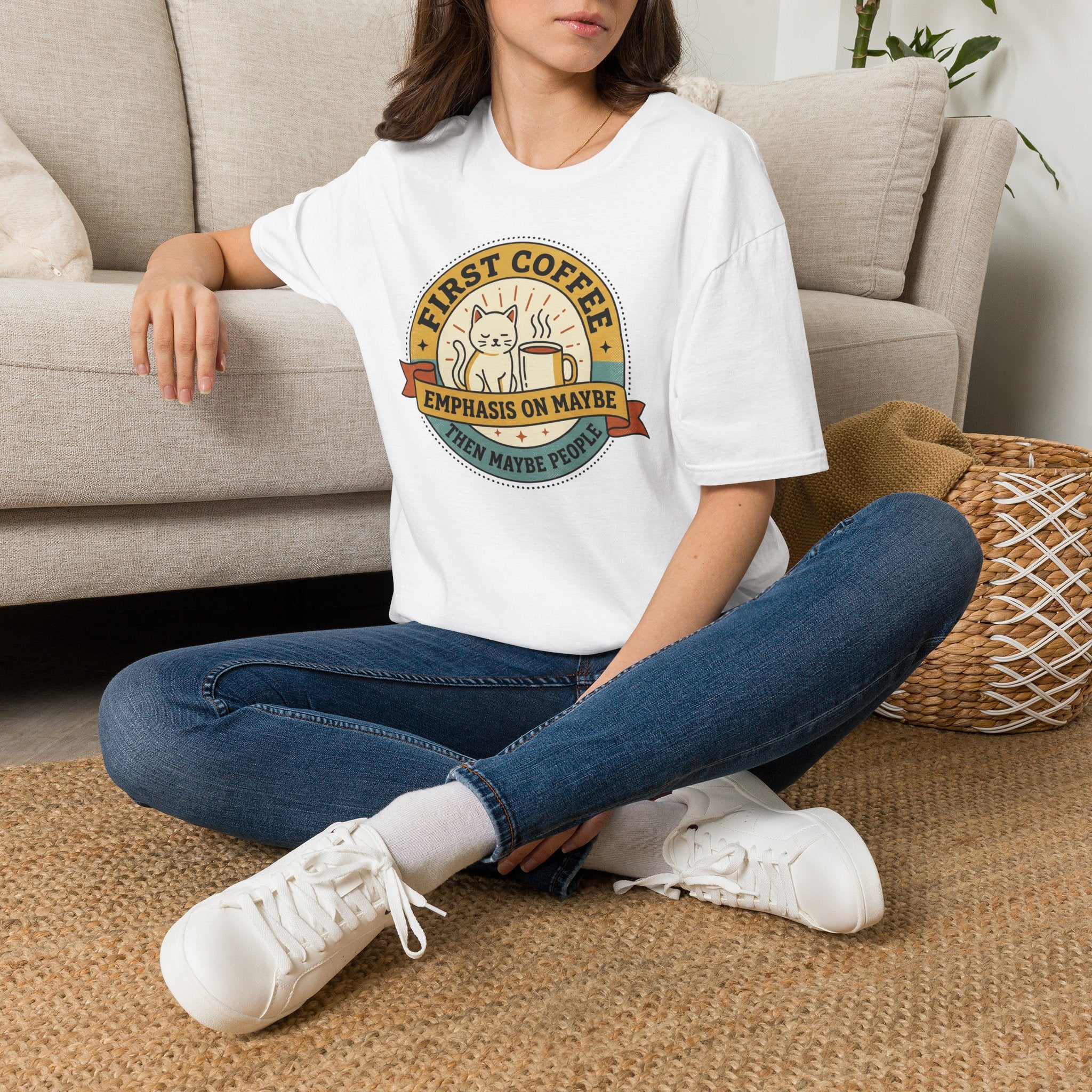 White T-shirt with cat coffee graphic and “First Coffee Emphasis on Maybe” print