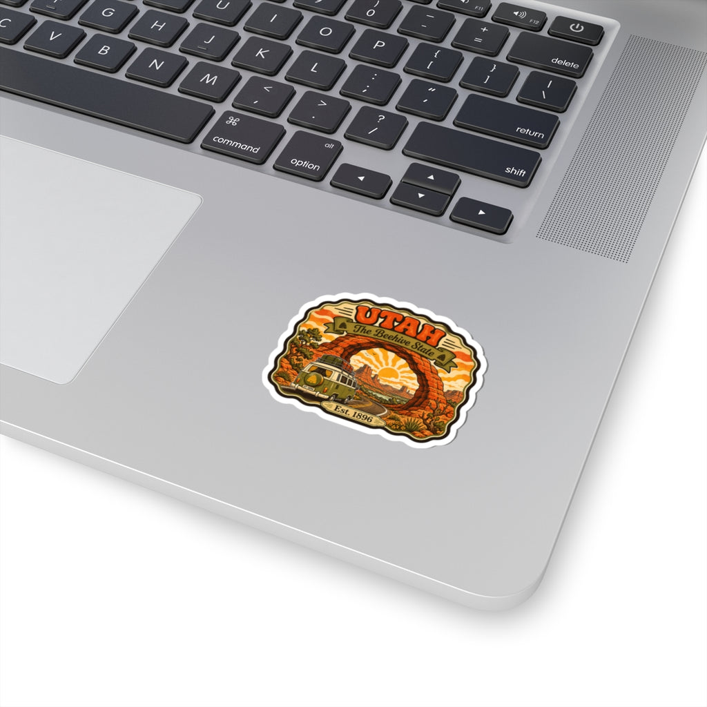 Utah vintage desert arch sticker with colorful landscape, die-cut white border