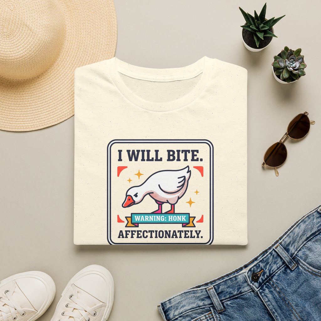 Natural T-shirt with front graphic: I WILL BITE warning goose