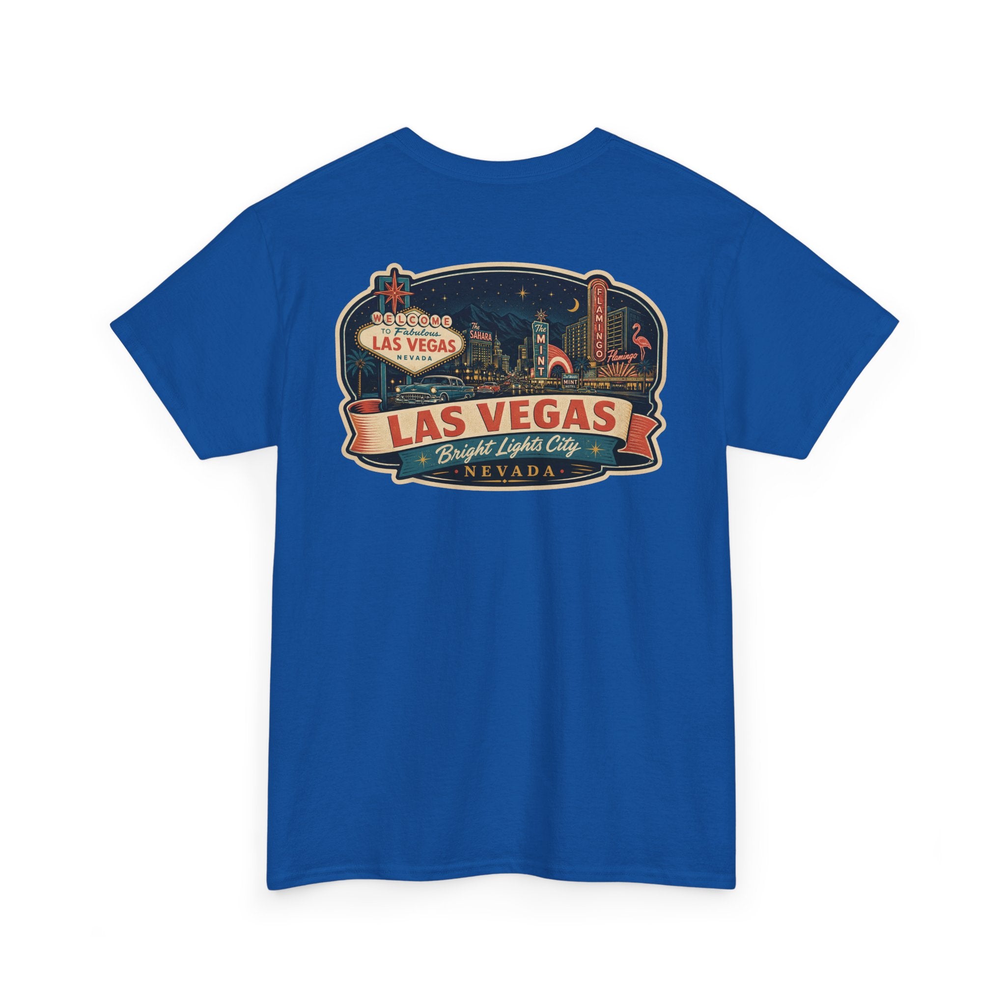 Royal blue T-shirt with Las Vegas luggage tag graphic on chest