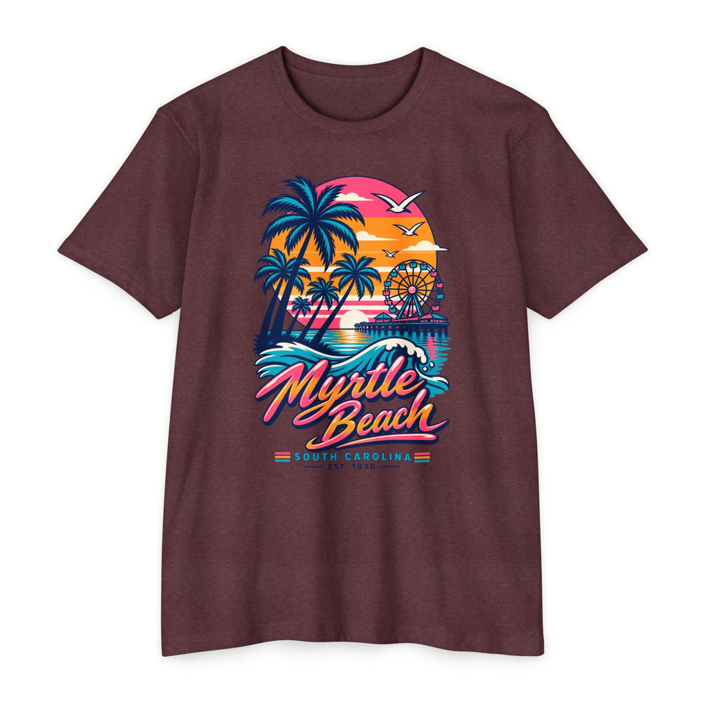 Deep maroon retro sunset T-shirt with palm trees, ferris wheel, and “Myrtle Beach” graphic print