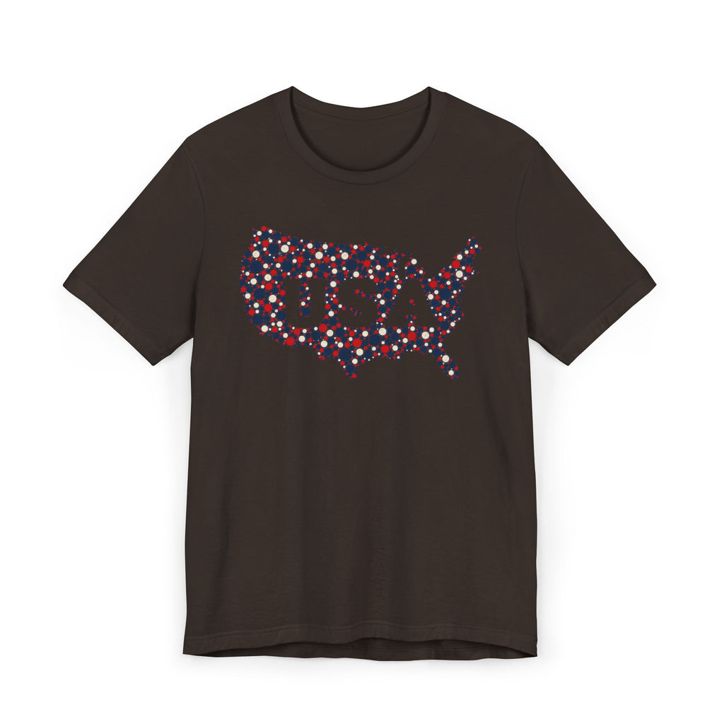 Black T-shirt with colorful floral USA outline graphic and "USA" text