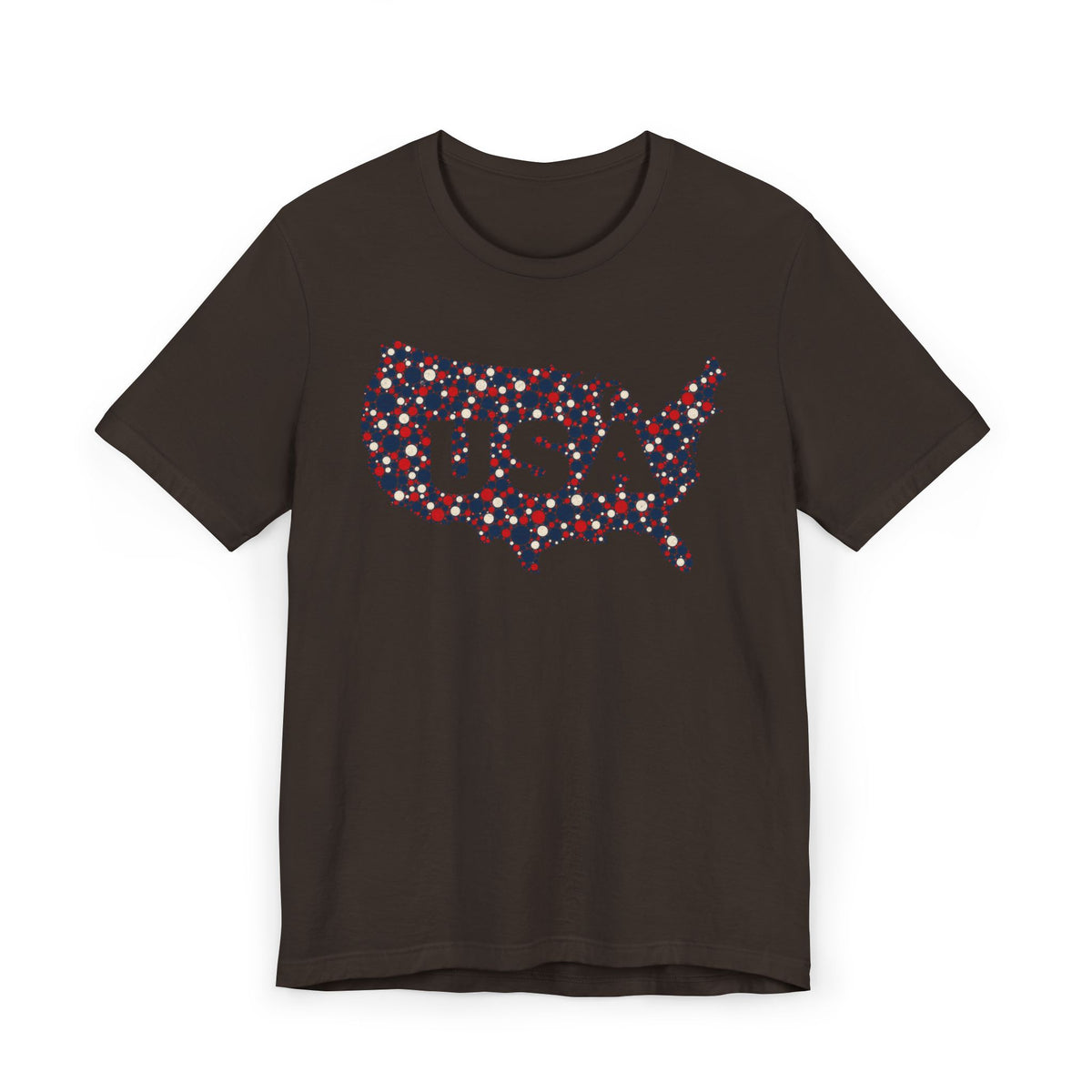 Black T-shirt with colorful floral USA outline graphic and "USA" text