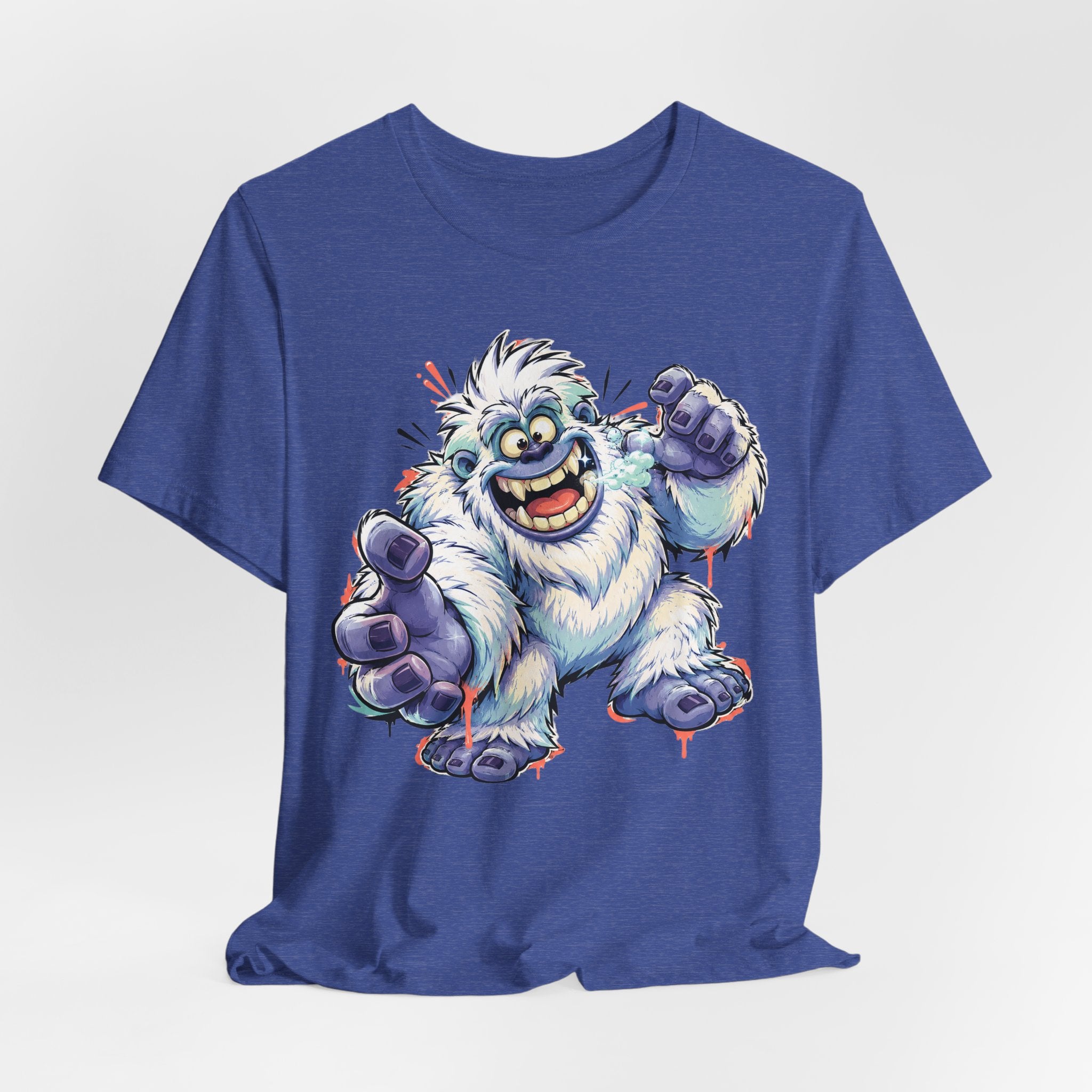 Navy T-shirt featuring cartoon blue yeti monster holding a purple hammer and claws.