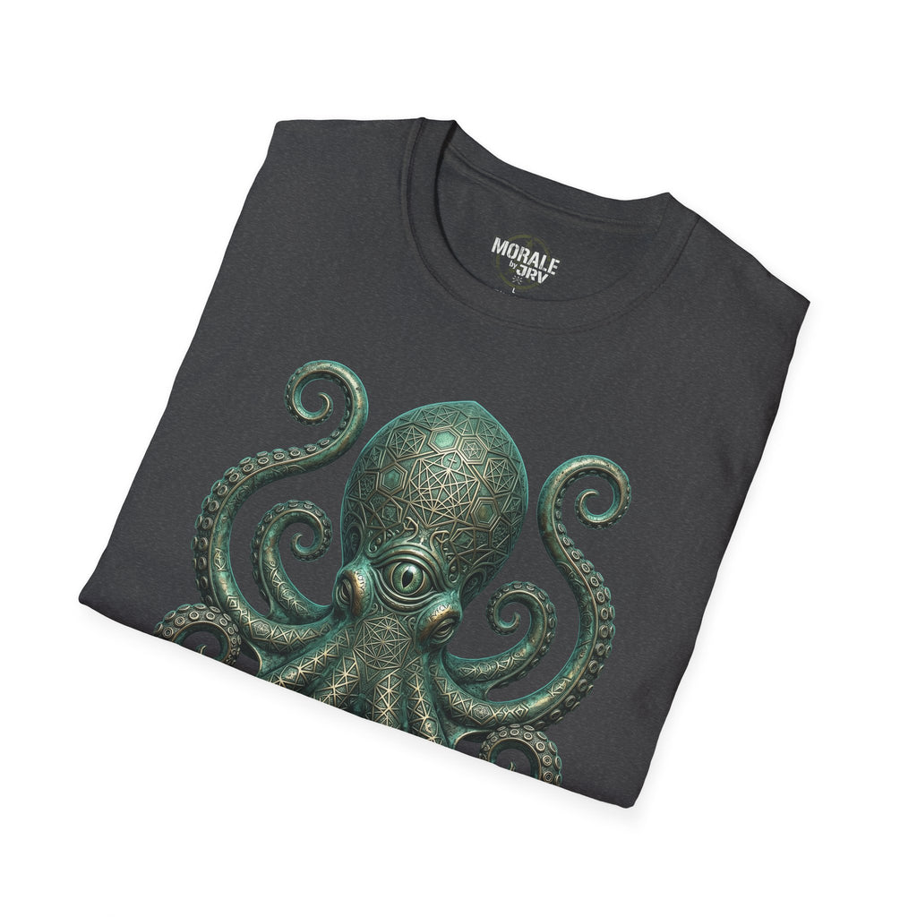 Charcoal T-shirt with teal octopus/kraken geometric illustration on chest