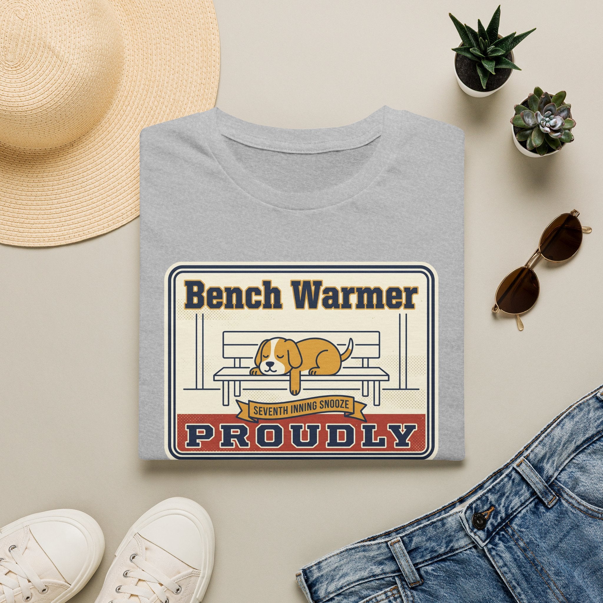 Light gray crew-neck t-shirt with 'Bench Warmer Proudly' dog logo