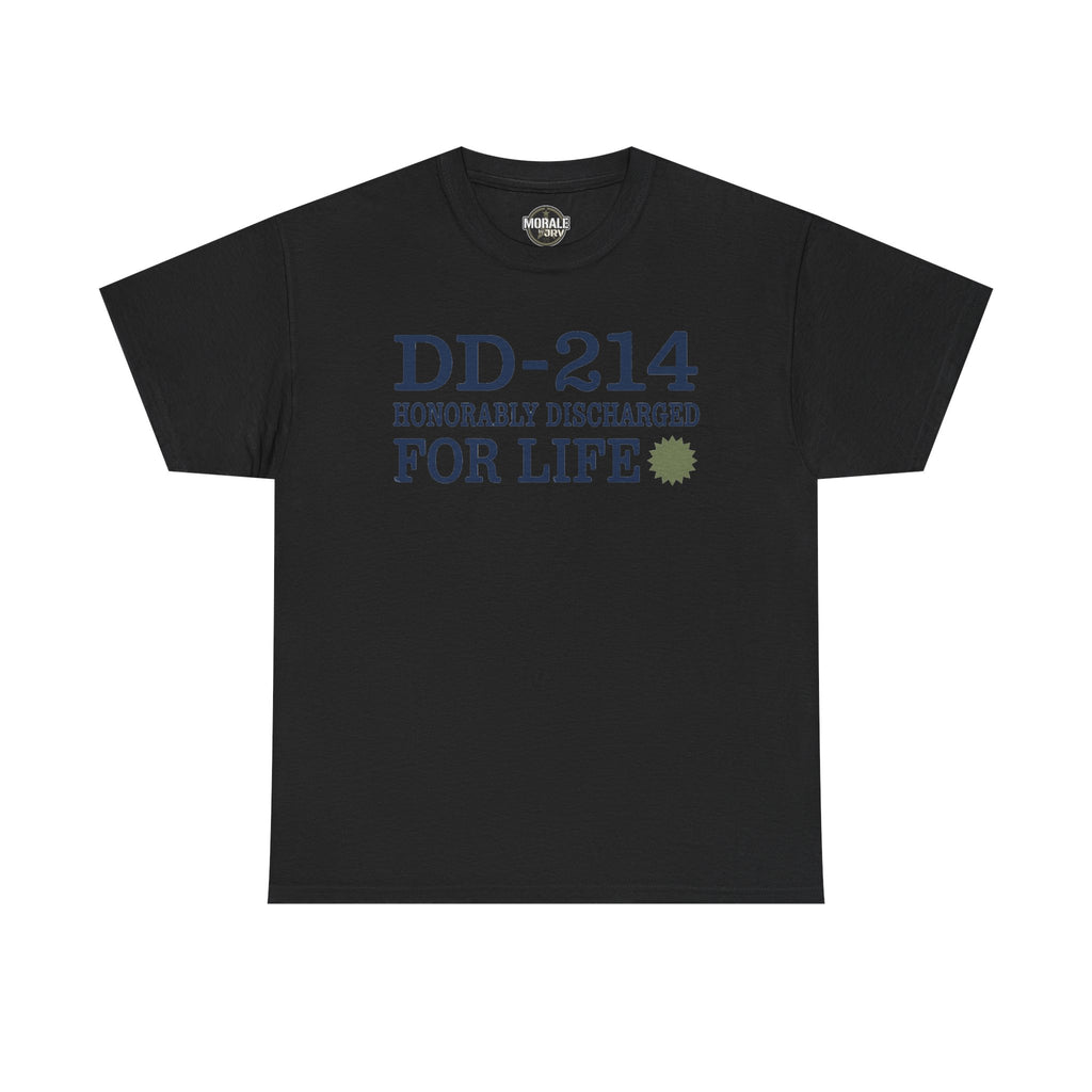 Black crew-neck tee with “DD-214 Honorable Discharged For Life” blue graphic