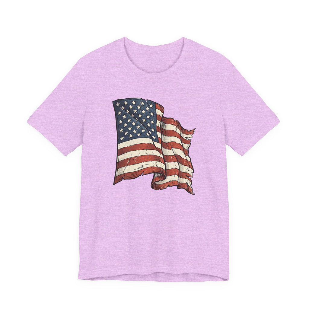 Lilac crew-neck T-shirt with distressed waving American flag graphic