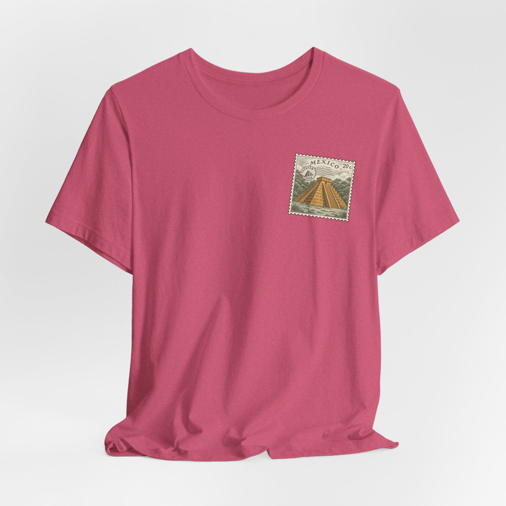Pink T-shirt with small Mexico postage stamp graphic on left chest