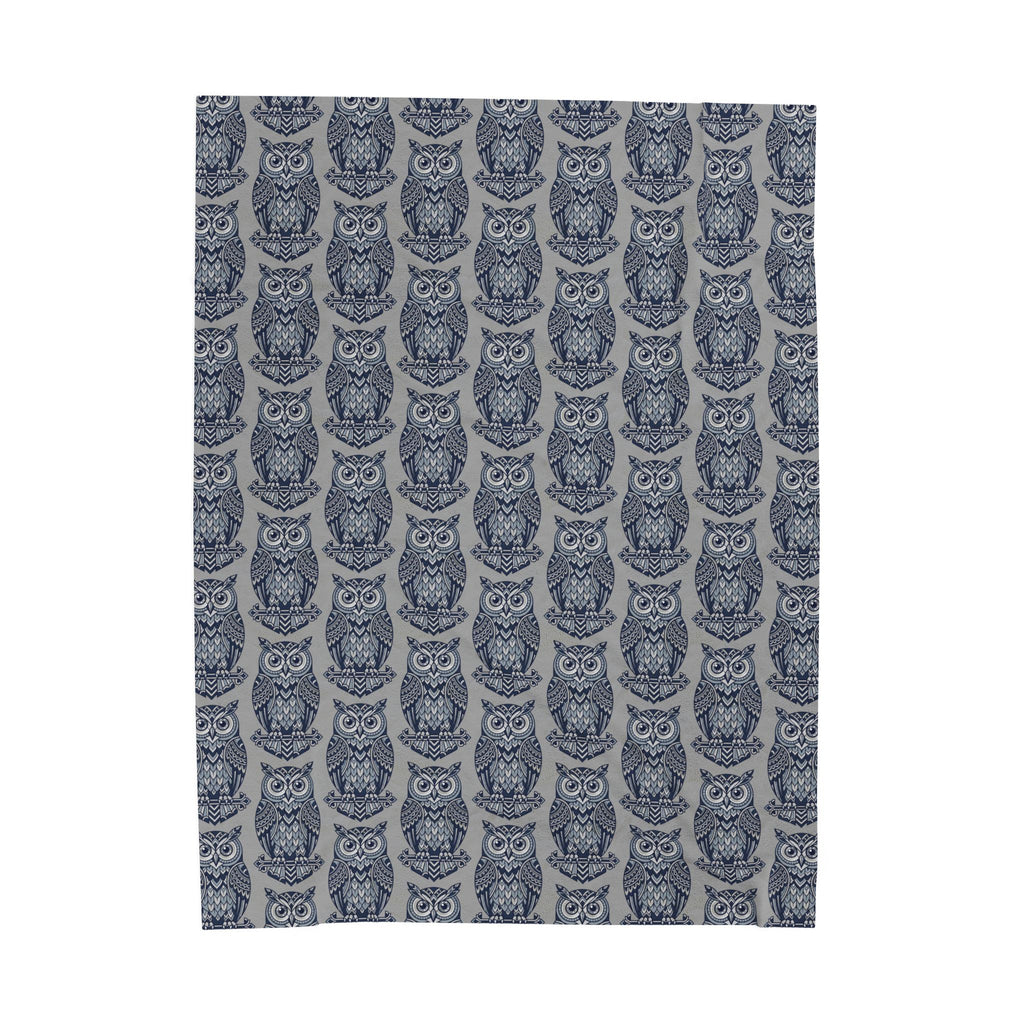 Blue repeating owl pattern plush blanket panel, straight-on view