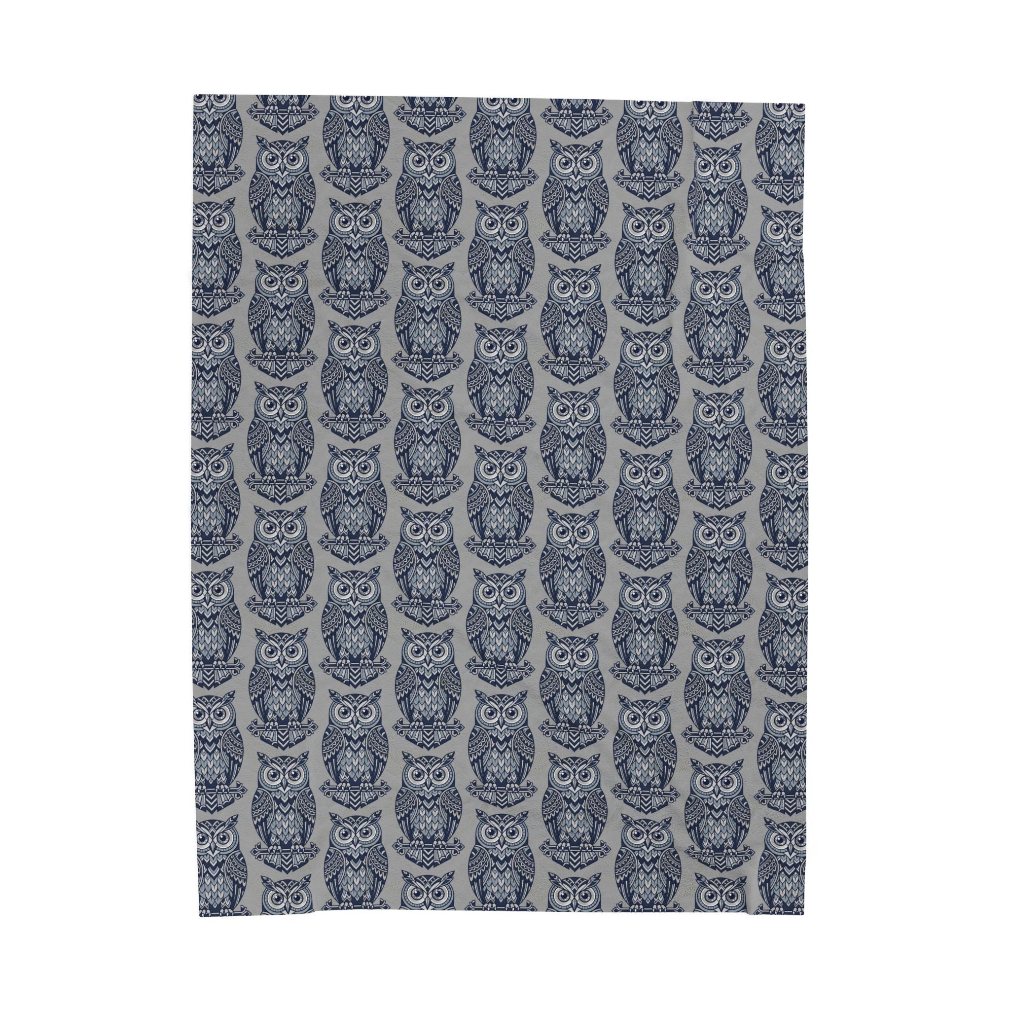 Blue repeating owl pattern plush blanket panel, straight-on view