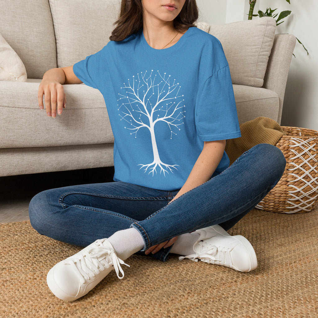 Blue crewneck tree of life T-shirt with constellation-style tree graphic