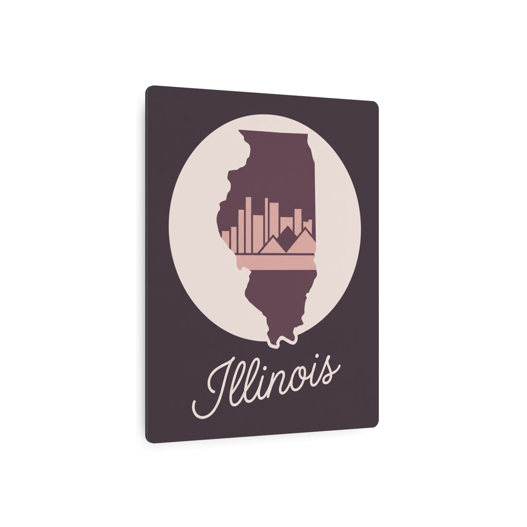 Mauve Illinois metal wall art sign with circular silhouette and cursive Illinois text