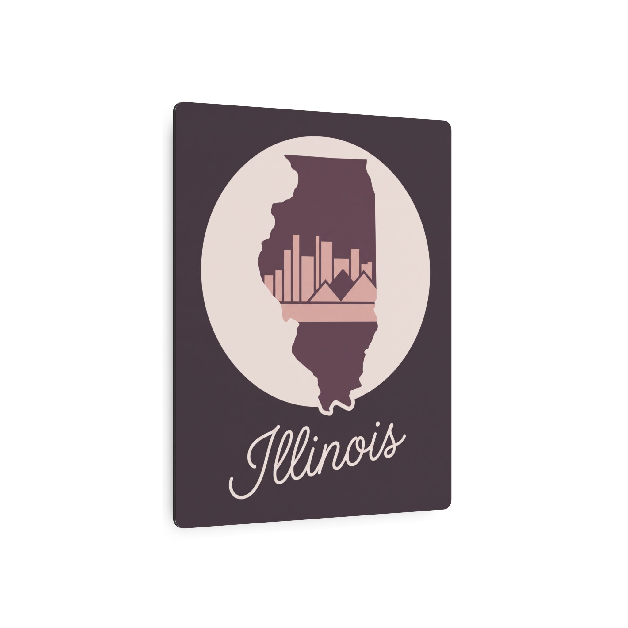 Mauve Illinois metal wall art sign with circular silhouette and cursive Illinois text