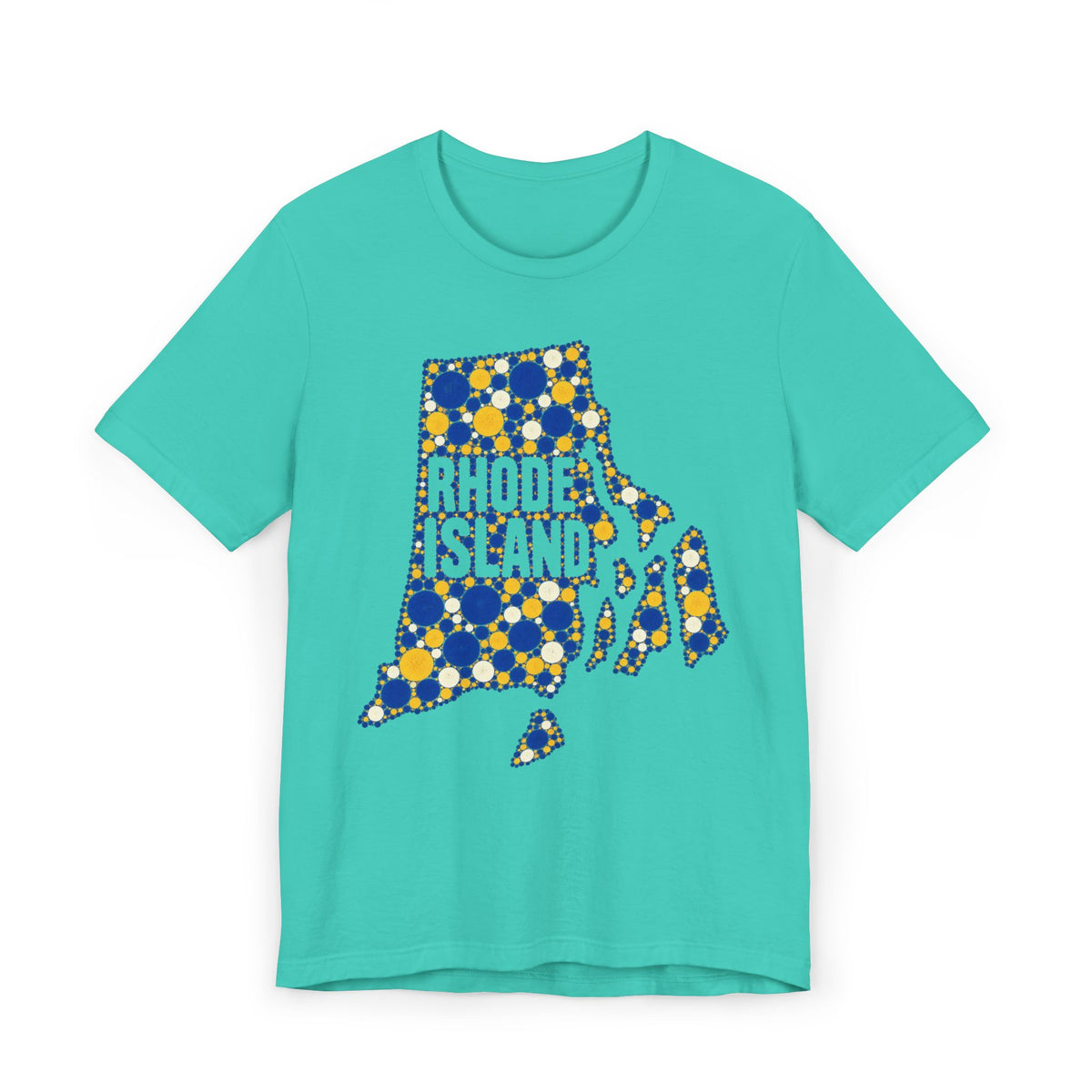 Teal t-shirt with blue and yellow polka-dot Rhode Island outline graphic