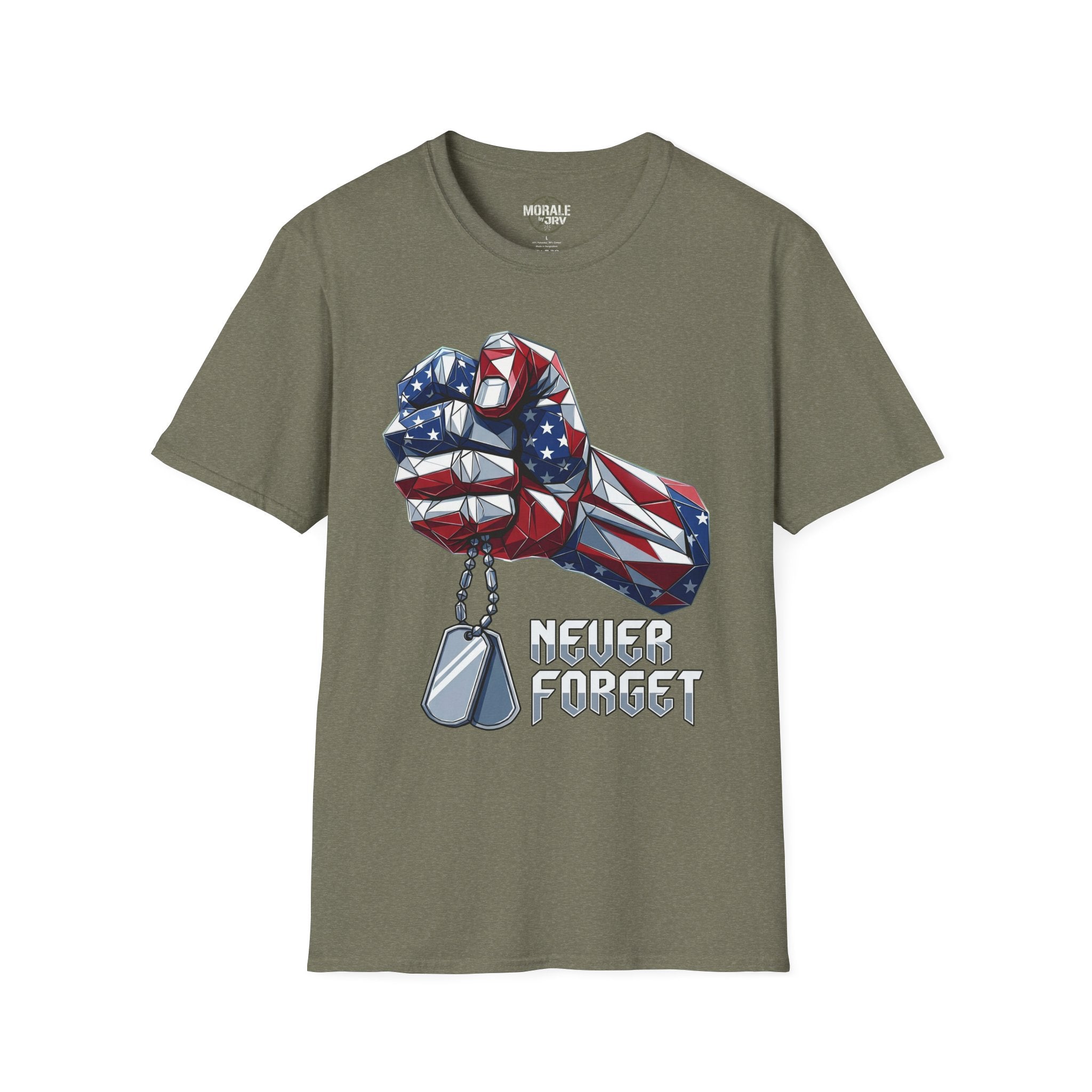 Military green T-shirt with patriotic fist graphic, dog tags, and “Never Forget”